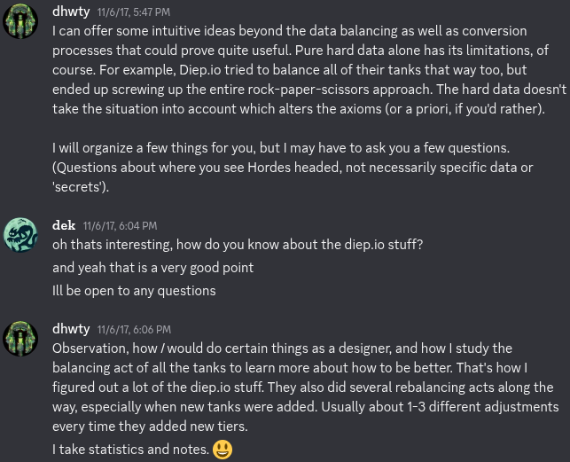 Dhwty discussing game design and balancing
