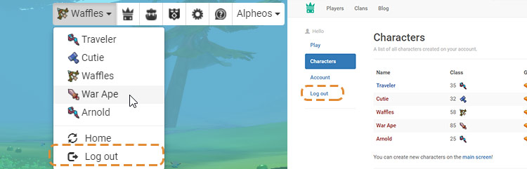Hordes.io account and character selection interface