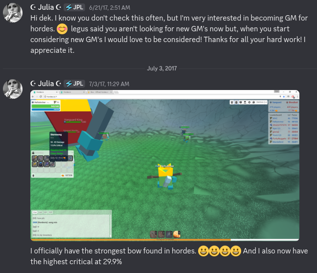 Julia's moderator application and prized bow